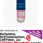 FIORICET CODEINE Logo (Four Heads) Pill – blue & gray capsule/oblong, 22mm  – Watson Pharmaceuticals