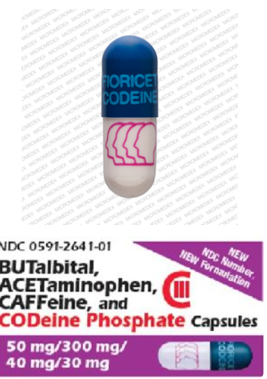 FIORICET CODEINE Logo (Four Heads) Pill – blue & gray capsule/oblong, 22mm  – Watson Pharmaceuticals